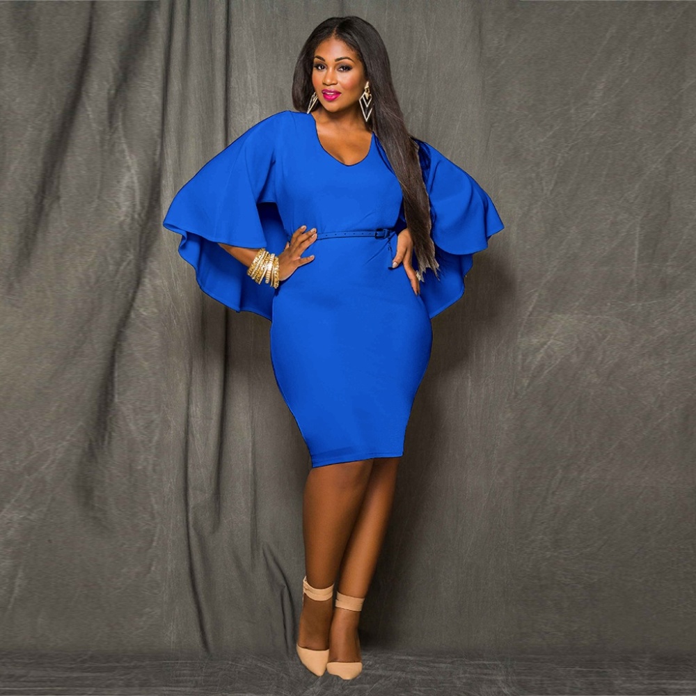 Plus Size Autumn Blue Long Sleeve O Neck Dress